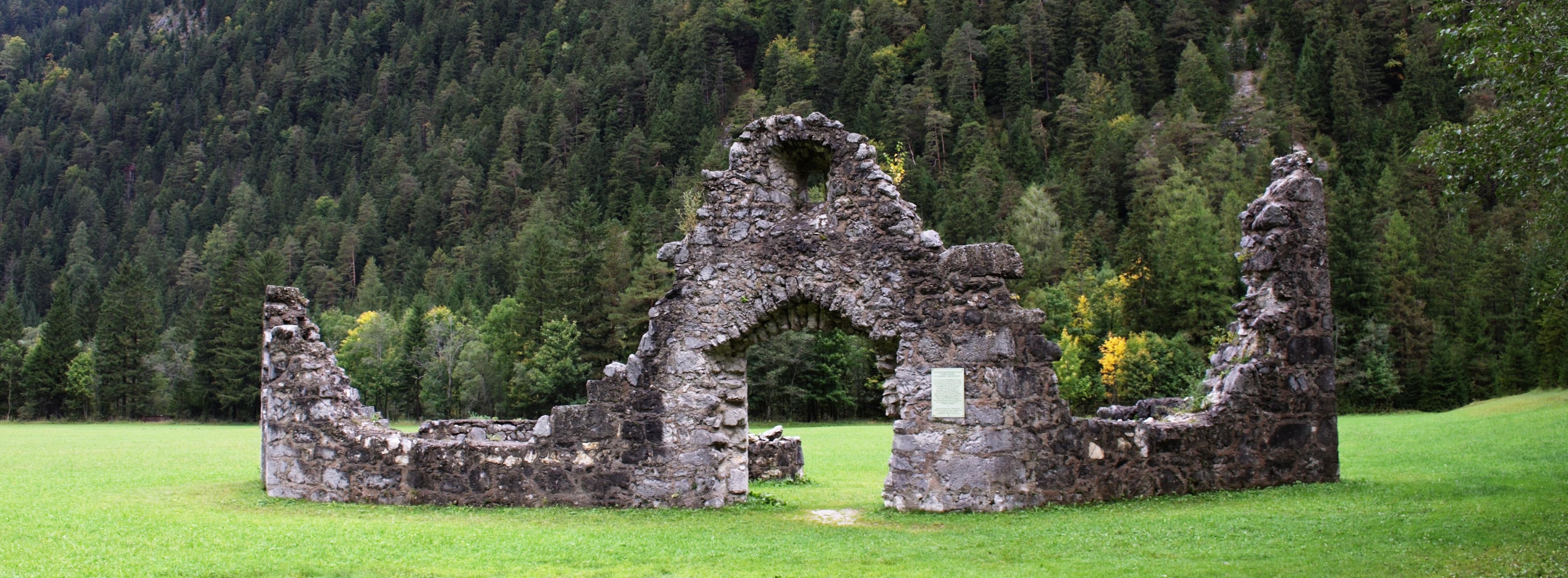 The ruins of a tower on light green grass with a dark green forest in the background. There is basically only a ring of stones and the entrance left.