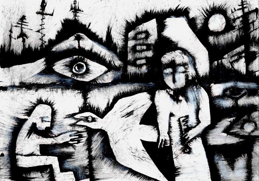 In front of a city—with houses, mountains, and antennas—a man sits feeding a large bird; the symbol of an eye stands between them, and to the right is a figure holding a key in its right hand. Far in the background to the right, the sun is visible.