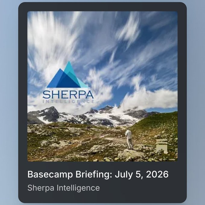 A scenic outdoor photograph featuring a hiker standing on a green and rocky alpine trail, looking out at a distant range of rugged, snow-spotted mountains. The sky above is vibrant blue with high, wispy clouds streaking across it. The Sherpa Intelligence geometric mountain logo is superimposed in the center left of the sky, and a small Substack icon appears in the bottom right corner of the photo.