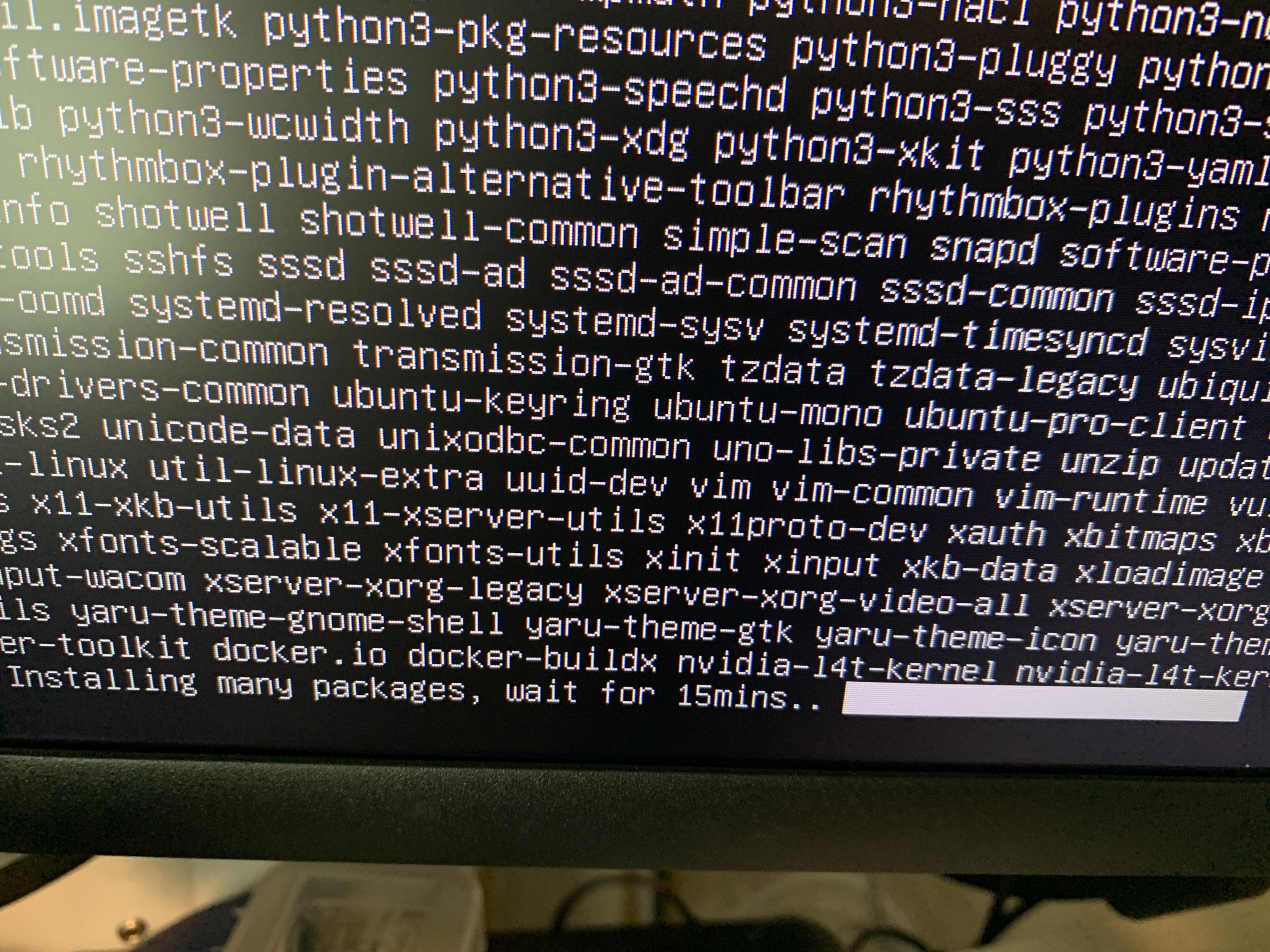 Text of a huge apt install command on the console. It lists a full distribution of packages but only a few appear on the console. White text on black screen.