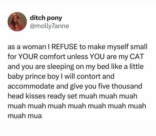 © ditch pony 

@molly7anne 

as a woman | REFUSE to make myself small for YOUR comfort unless YOU are my CAT and you are sleeping on my bed like a little baby prince boy | will contort and accommodate and give you five thousand head kisses ready set muah muah muah muah muah muah muah muah muah muah muah mua