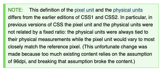 Note: This definition of the pixel unit and the physical units differs from the earlier editions of CSS1 and CSS2. In particular, in previous versions of CSS the pixel unit and the physical units were not related by a fixed ratio: the physical units were always tied to their physical measurements while the pixel unit would vary to most closely match the reference pixel. (This unfortunate change was made because too much existing content relies on the assumption of 96dpi, and breaking that assumption broke the content.)