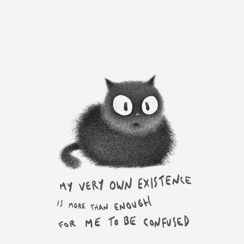 Drawing of a fluffy black cat with a contemplative / bewildered look on its face with handwritten text:

MY VERY OWN EXISTENCE
IS MORE THAN ENOUGH 
FOR ME TO BE CONFUSED