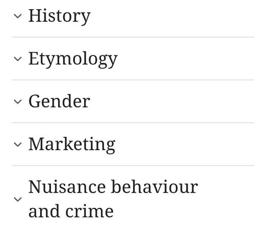 Screenshot showing Wikipedia article categories, but without the actual article name or other details

· History 
· Etymology
· Gender
· Marketing 
· Nuisance behaviour and crime