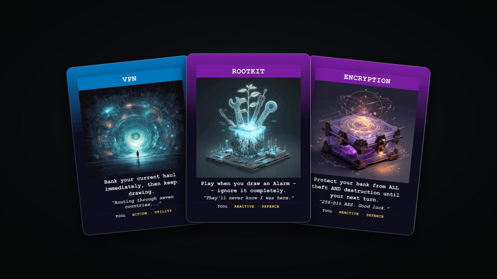 VPN, ROOTKIT, ENCRYPTION cards from the game.