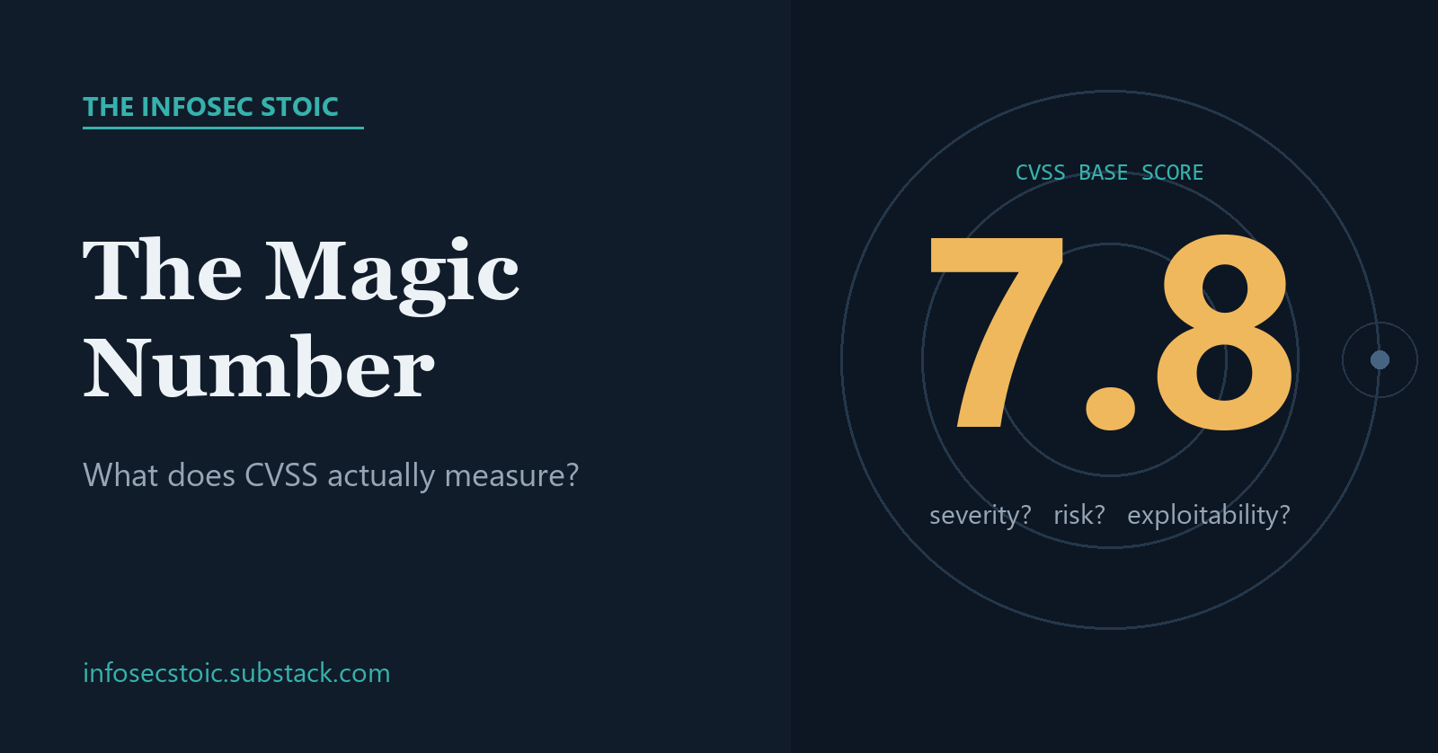 Infosec Stoic cover banner for the essay "The Magic Number: What Does CVSS Actually Measure?"