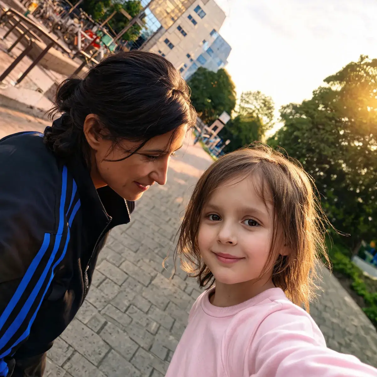 Beide Personen befinden sich Berlin Schillingstrasse wie im Kontext von Bild 2, Disaster Girl ist ein niedliches Mädchen, das das Selfie macht, Julia Seeliger von links gleich gekleidet und schaut freundlich zu Disaster Girl. Etwas sonnigere Szenerie, Gesichter geglättet.