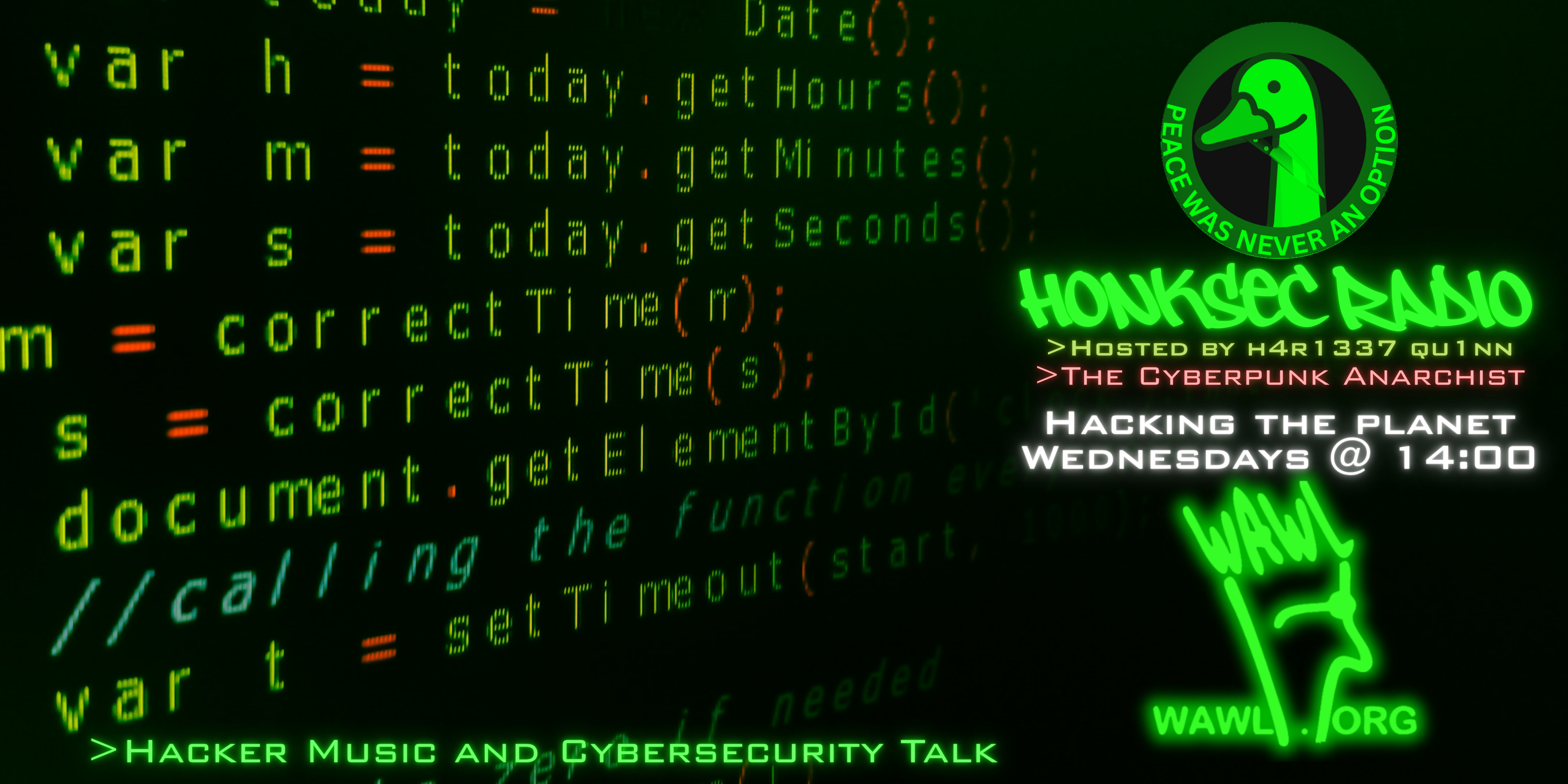 HonkSec Radio promotional banner, advertising the show's hacker music and cybersecurity topics. Airs from 2 PM until 4 PM on Wednesdays on Chattanooga State's college radio station, WAWL