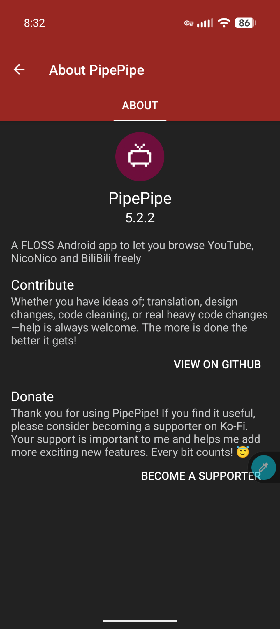 Screen shot on the about page of Pipepipe app.