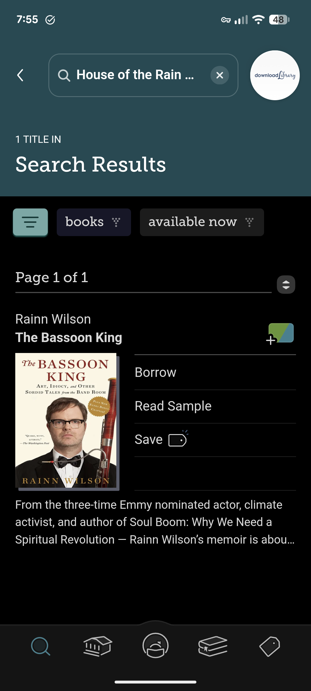 Screen capture of search for subject book, but shows "the bassoon king" by rainn wilson