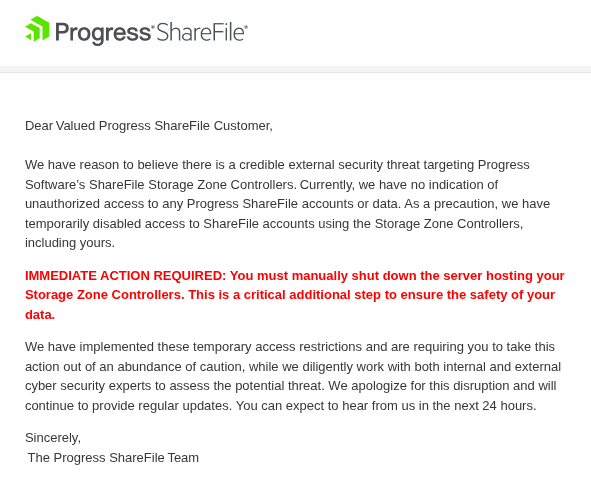 Email from ShareFile stating "accounts using storage zones controllers have had access disabled"