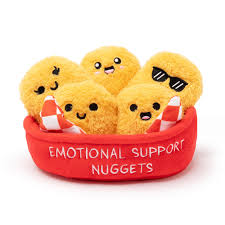 Plushie chicken nuggets in a bowl reading "Emotional support nuggets"