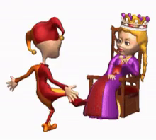Late 90s-style 3d animation of a jester bouncing from leg to leg while waving their hands a meter away from a bored looking queen on a throne who just stares at them.