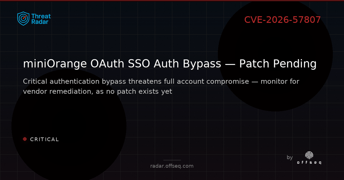 Critical threat: CVE-2026-57807: CWE-288 Authentication Bypass Using an Alternate Path or Channel in miniOrange Secur