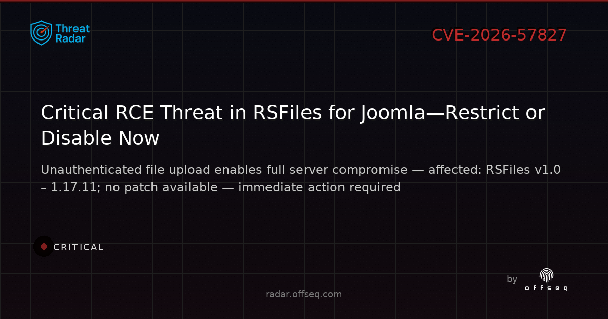 Critical threat: CVE-2026-57827: CWE-434: Unrestricted Upload of File with Dangerous Type in rsjoomla.com rsjoomla.co