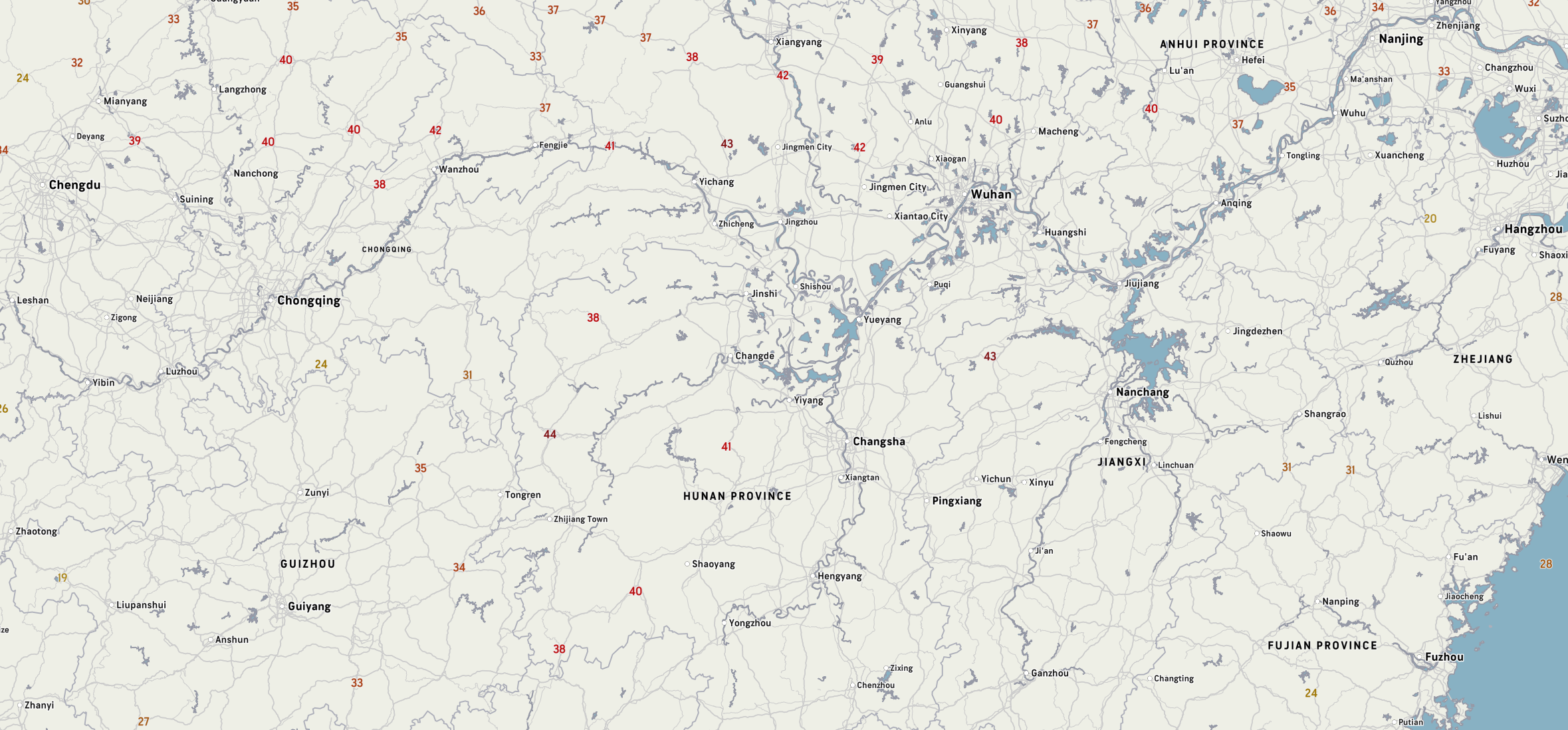 Screenshot einer "RealFeel" Karte von accuweather.com (Ausschnitt mit diversen chinesischen Provinzen), die Temperaturen bis zu 44 Grad Celsius anzeigt