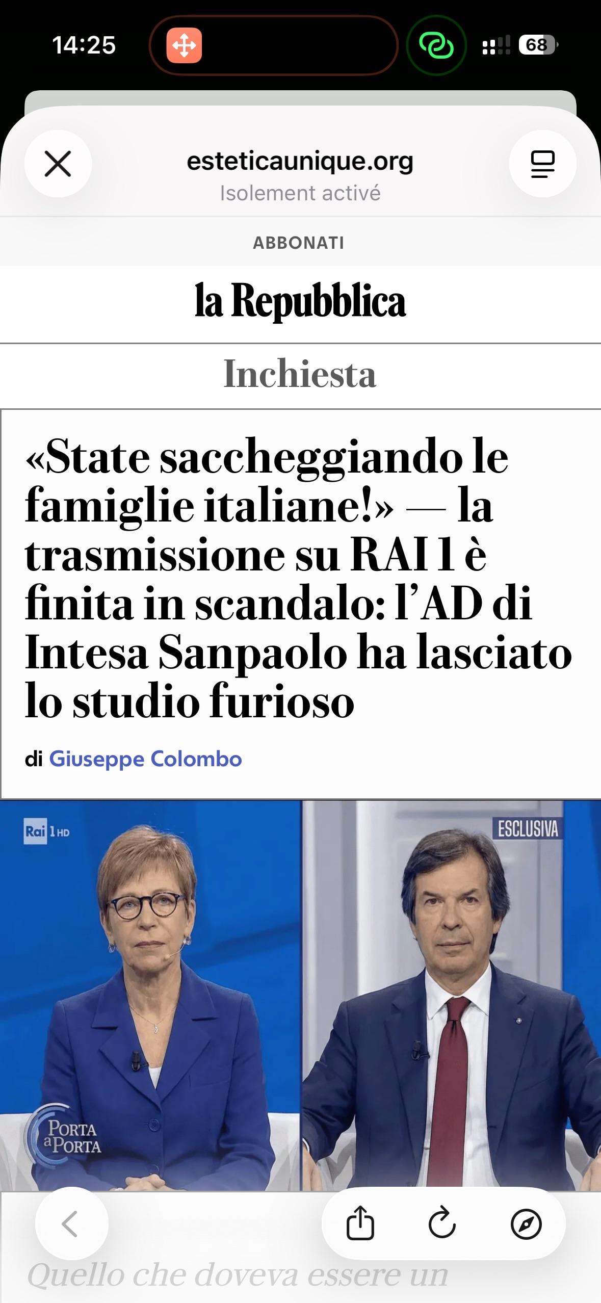 Pagina che imita l’aspetto di la Repubblica con un presunto articolo d’inchiesta e fotografie dei due ospiti televisivi. Il layout appare credibile ma viene utilizzato come contenuto ingannevole
