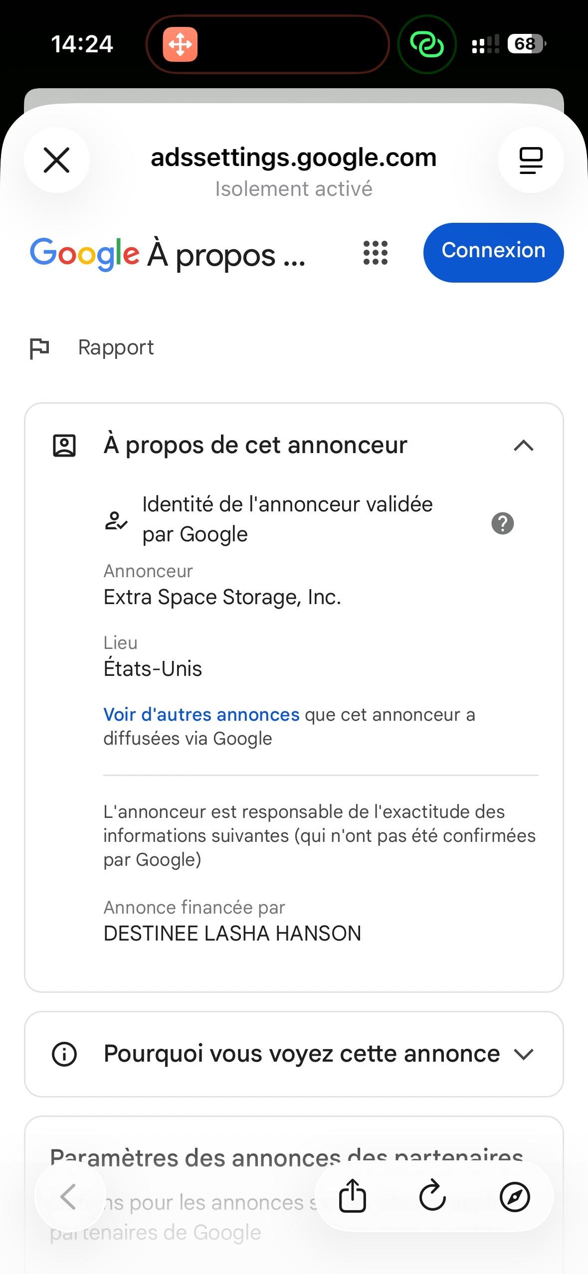 Pagina “Informazioni sull’annuncio” di Google Ads con i dettagli dell’inserzionista verificato e del soggetto indicato come finanziatore della campagna.
