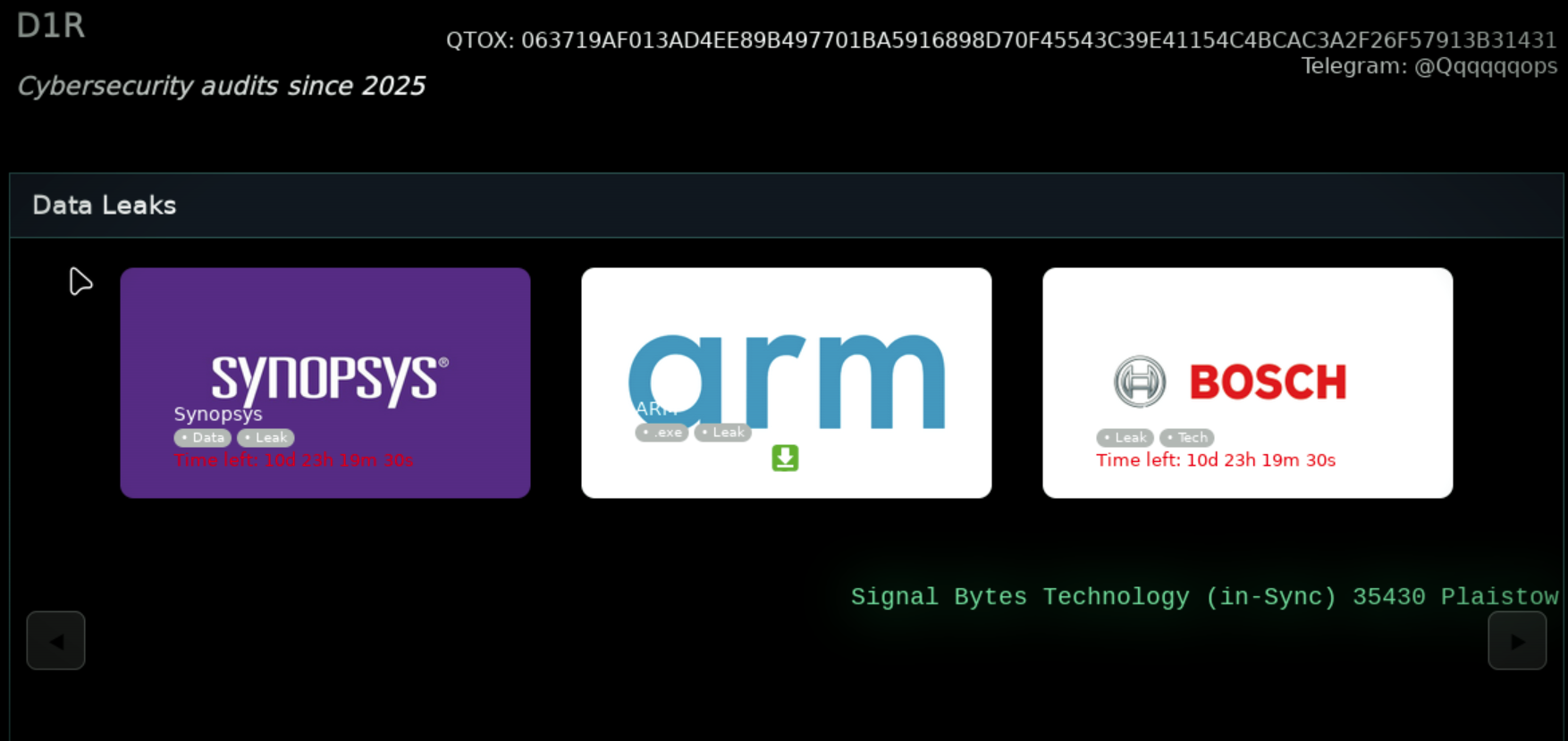 Screenshot depicts listing of Synopsys, ARM and Bosch companies as victims