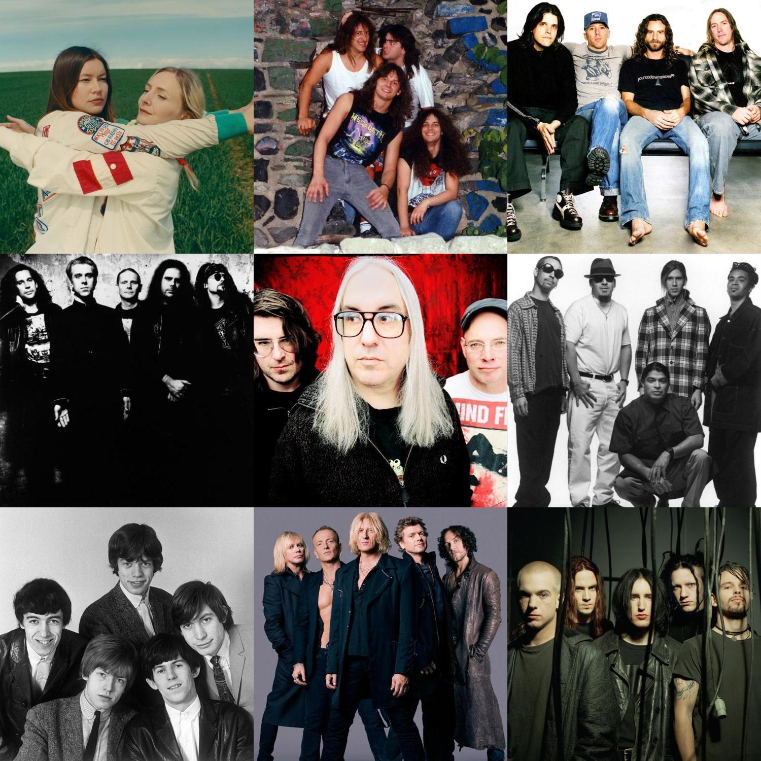 A square grid of photos of bands read from left to right, top to bottom, Wet Leg, Blind Guardian, Tool, Ministry, Dinosaur Jr., Infectious Grooves, The Rolling Stones, Def Leppard, Nine Inch Nails
