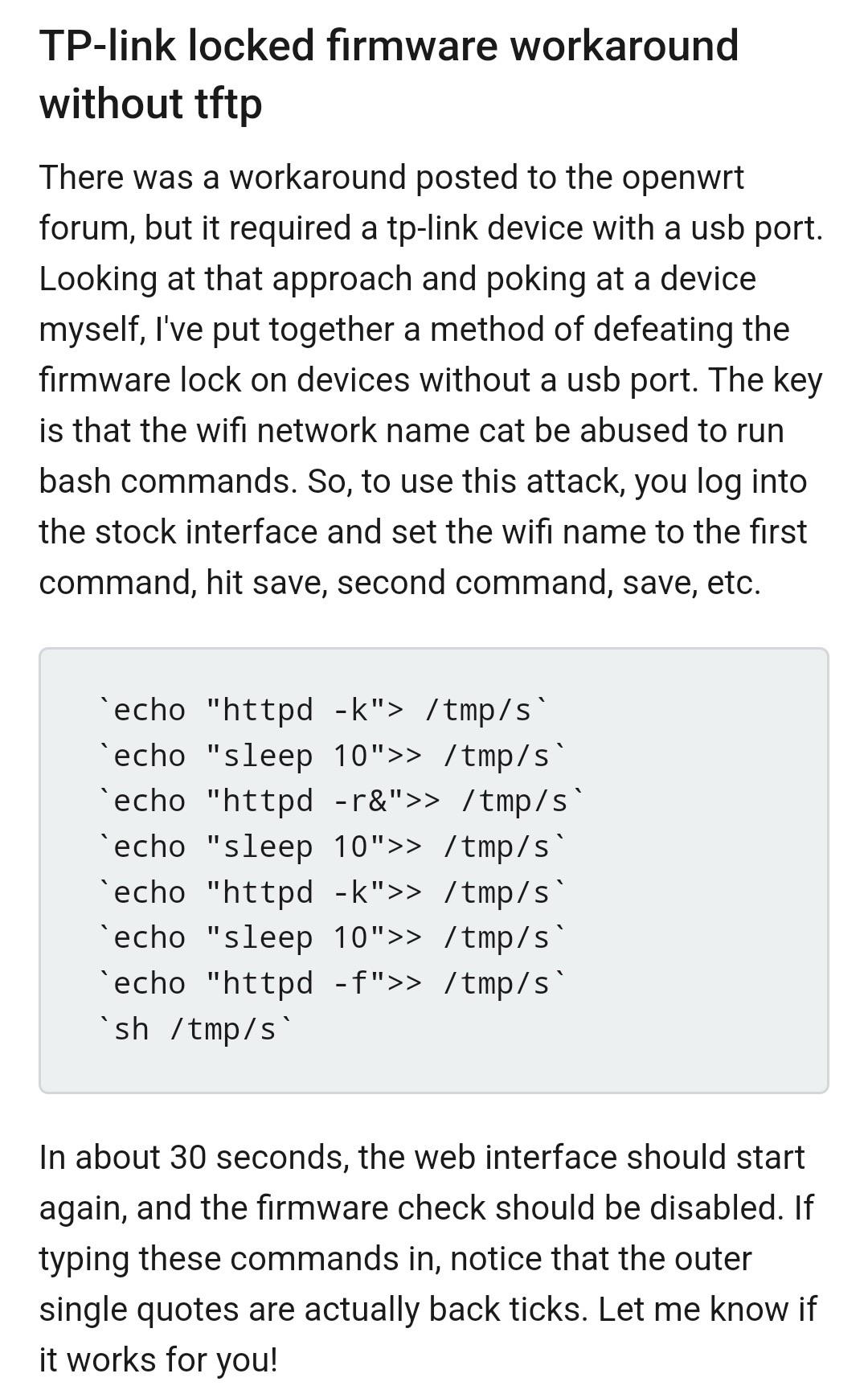 An article discussing a workaround for unlocking TP-Link firmware without using TFTP. It outlines a method to execute bash commands via the Wi-Fi network name. The text includes specific commands to input for the process, along with a note on expected results after execution
