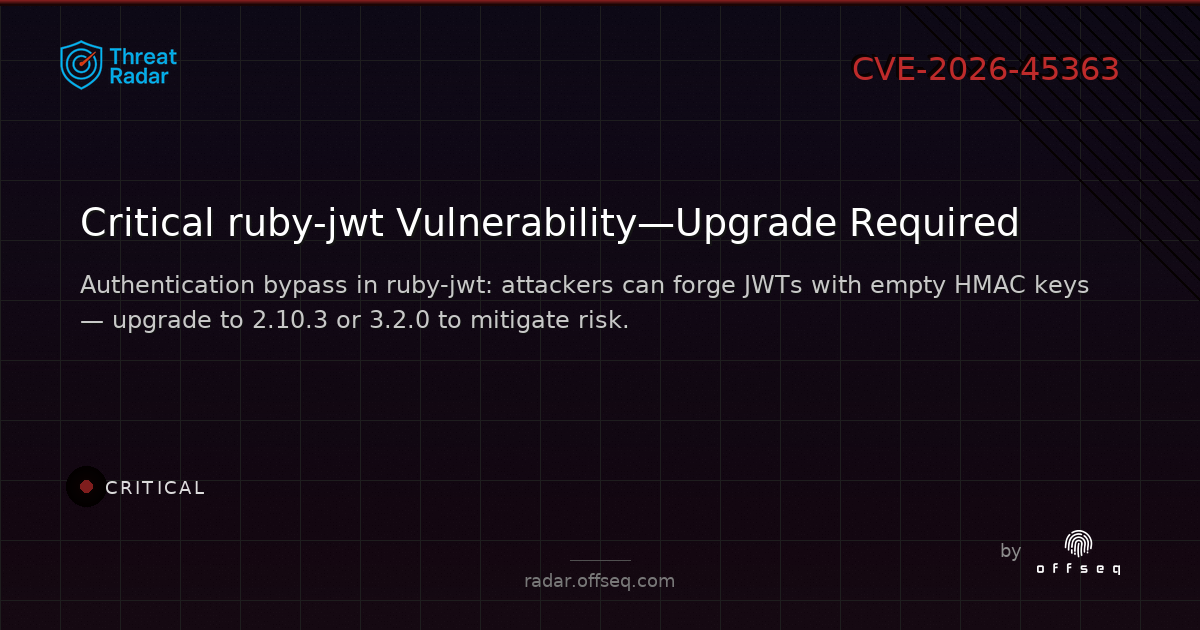 Critical threat: CVE-2026-45363: CWE-287: Improper Authentication in jwt ruby-jwt