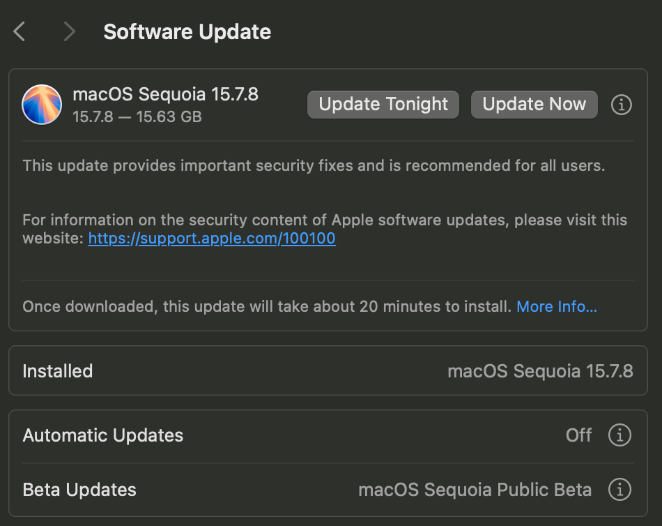 macOS Sequoia 15.7.8 patch when already running 15.7.8