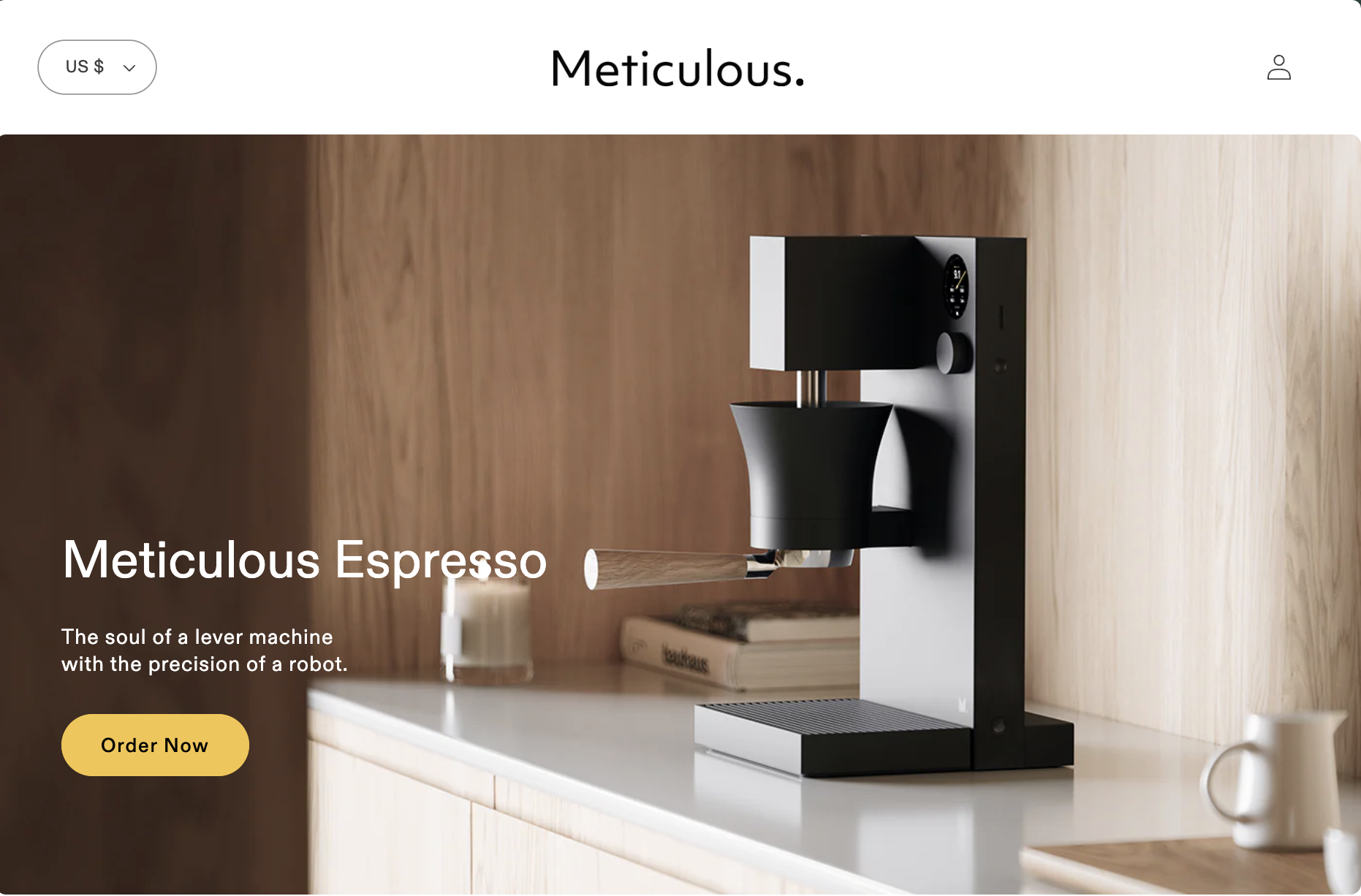 a screenshot of the maticulous espresso machine kickstarter page. clean counter with a very slick modern espresso machine for the minimalist.