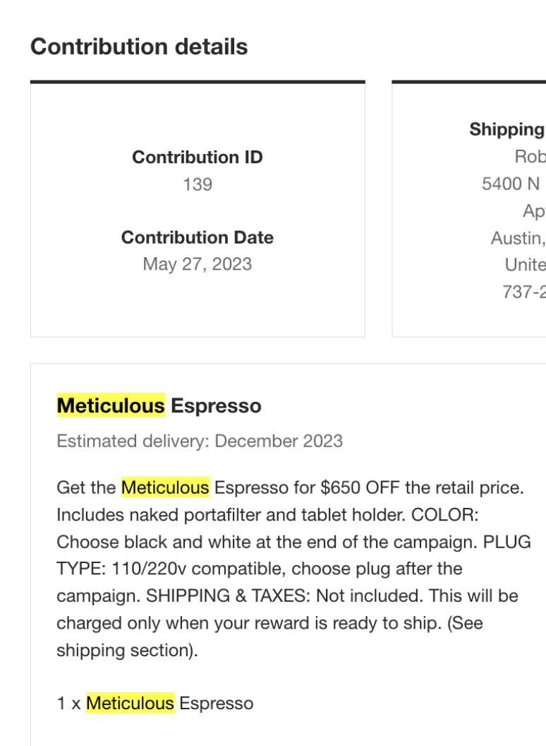 screen shot showing my contribution confirmation from May 2023.