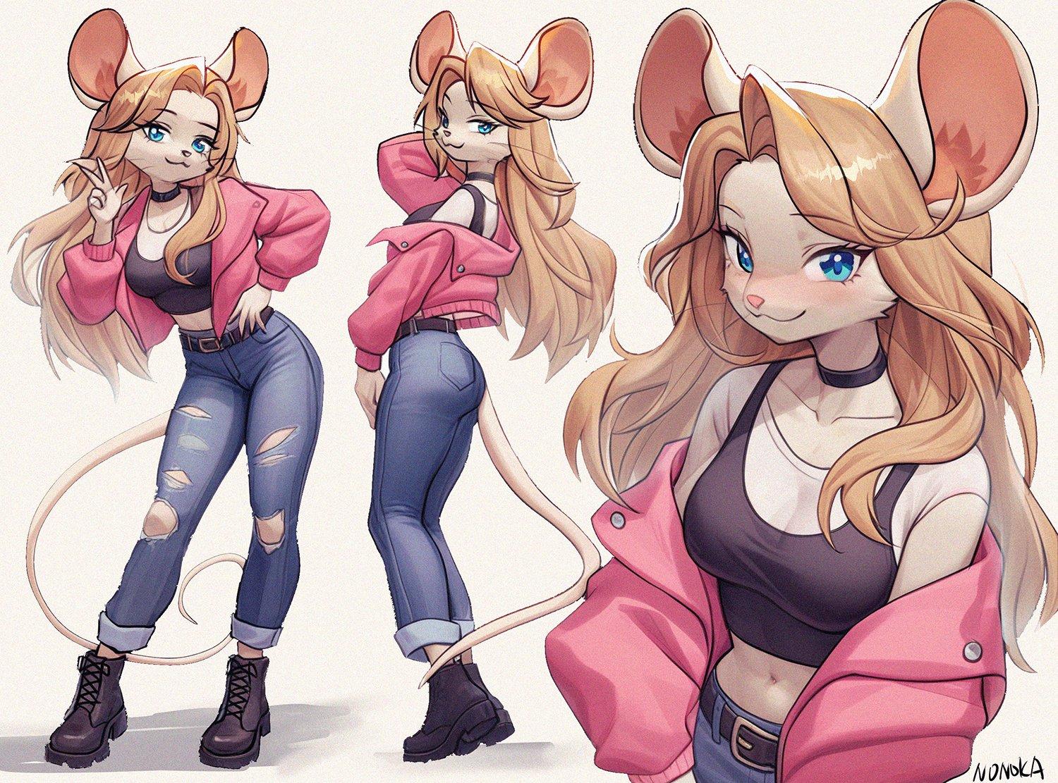 Cute furry art by nonoka of a mouse girl with blonde hair wearing a tank top, a pink open jacket, and ripped jeans