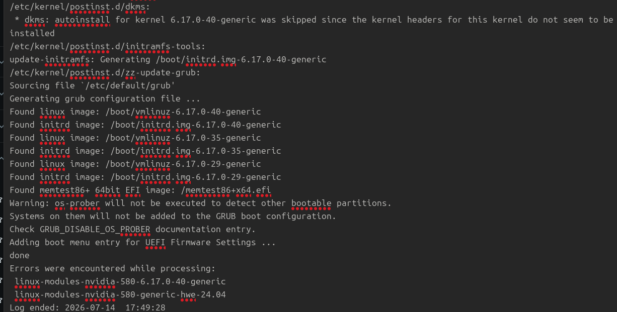 Log file displaying errors around processing modules for graphics, and an error further up from DKMS.