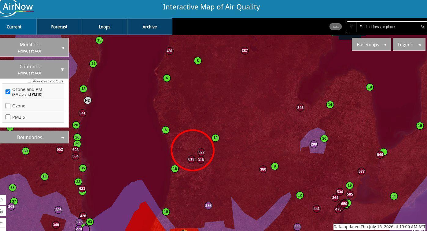 Air quality map for lower Michigan showing how bad the air is due to wildfires in the NW.