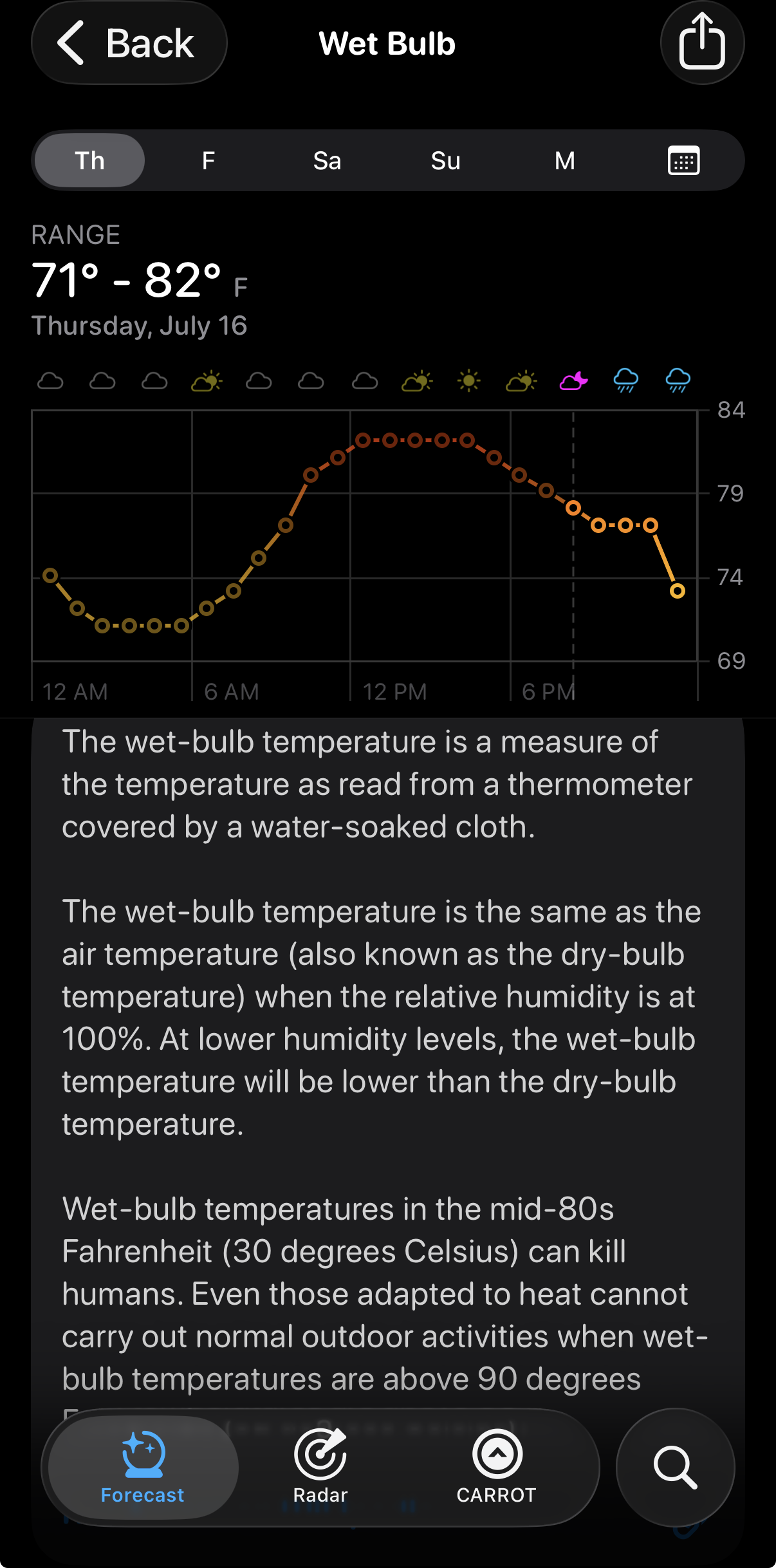 A graph showing the wet bulb temperature for my area (northern Virginia) over the course of the day. It plateaued at about 83°F for most of the afternoon. 

Also included is some background information on wet bulb temp, which was taken from Wikipedia (link included in main toot).