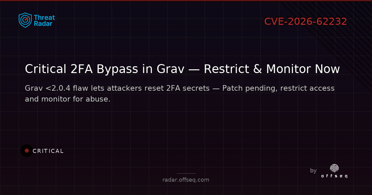 Critical threat: CVE-2026-62232: Missing Authorization in getgrav grav