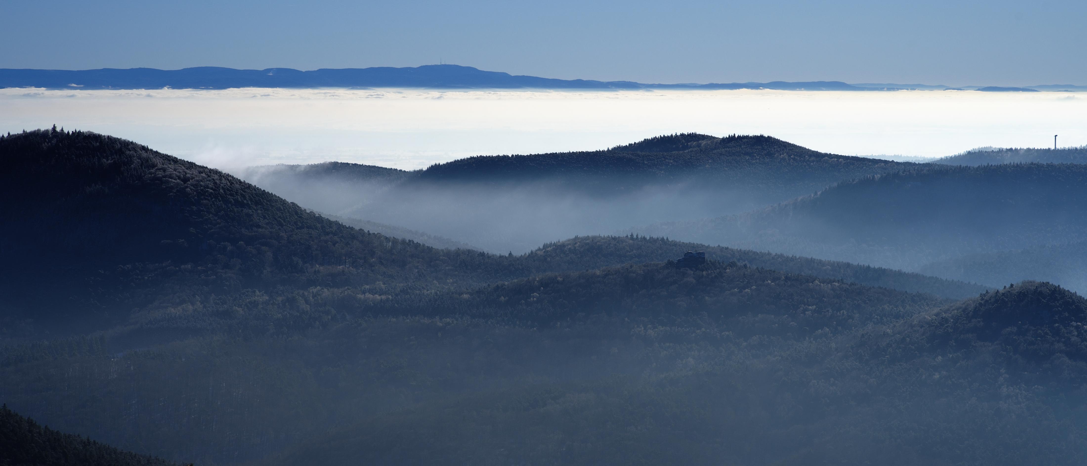 A landscape of rolling forest hills in mist.