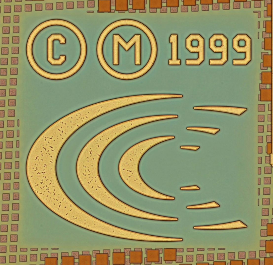 Closeup of the logo on the die.