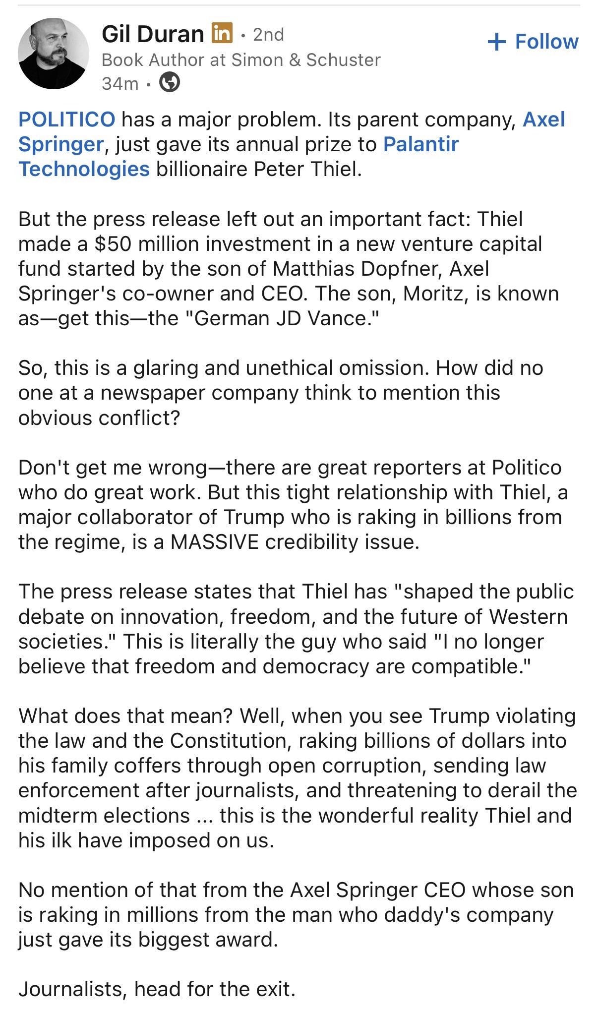 A LinkedIn post by Gil Duran discussing conflicts of interest at POLITICO related to its parent company, Axel Springer, and billionaire Peter Thiel. Duran criticizes the omission of Thiel's investment in a venture fund associated with Axel Springer.