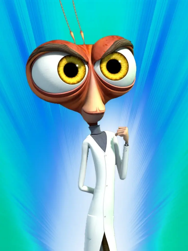 Still of "Dr. Cockroach from the animated movie "Monsters Versus Aliens."  He is wearing a white lab coat, and his oversized head features two very large eyes.