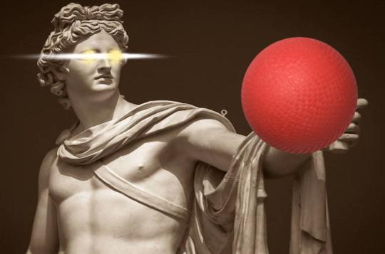 A statue of Apollo, holding a dodgeball representing the gift of prophecy.