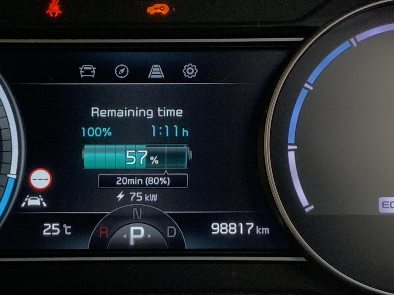 Car dash binnacle showing the battery at 57% with a charge rate of 75kW
