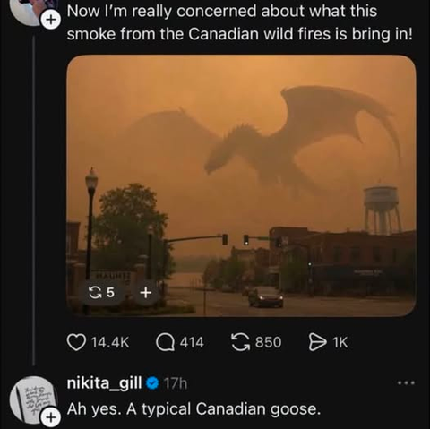 The image is a screenshot of a social media post, showing a dramatic scene overlaid with text and interface elements.

The main visual content is an image depicting a hazy, orange-tinted sky, indicative of heavy smoke. Silhouetted against this smoky sky is a large, mythical creature resembling a dragon, with outstretched wings. The dragon appears to be looming over a small town.

In the foreground, we see the rooftops and upper stories of brick buildings, suggesting a downtown area. A water tow…