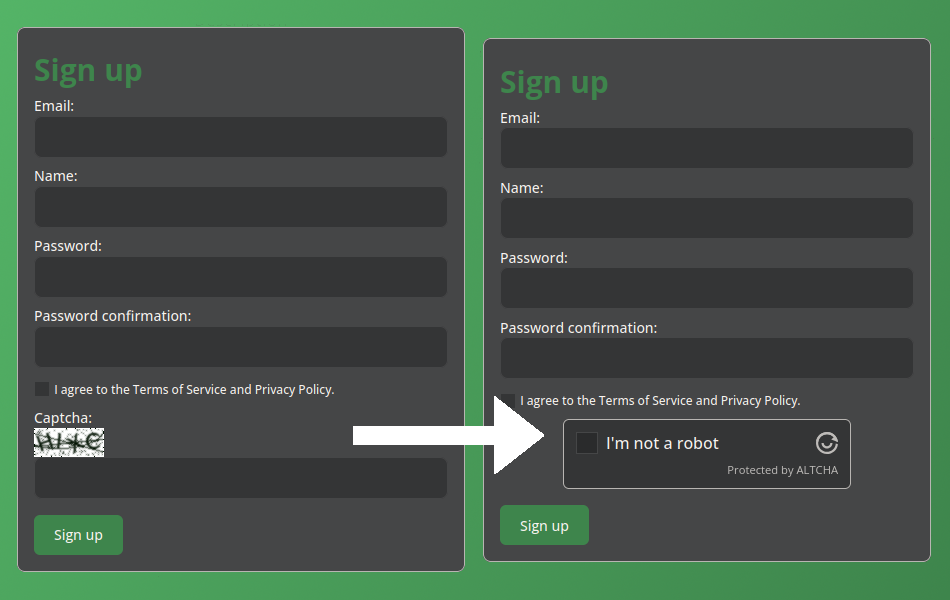The old and new CAPTCHA solutions side by side. The old one was an image with the distorted charaters. The new one is a checkbox along the text "I'm not a robot".