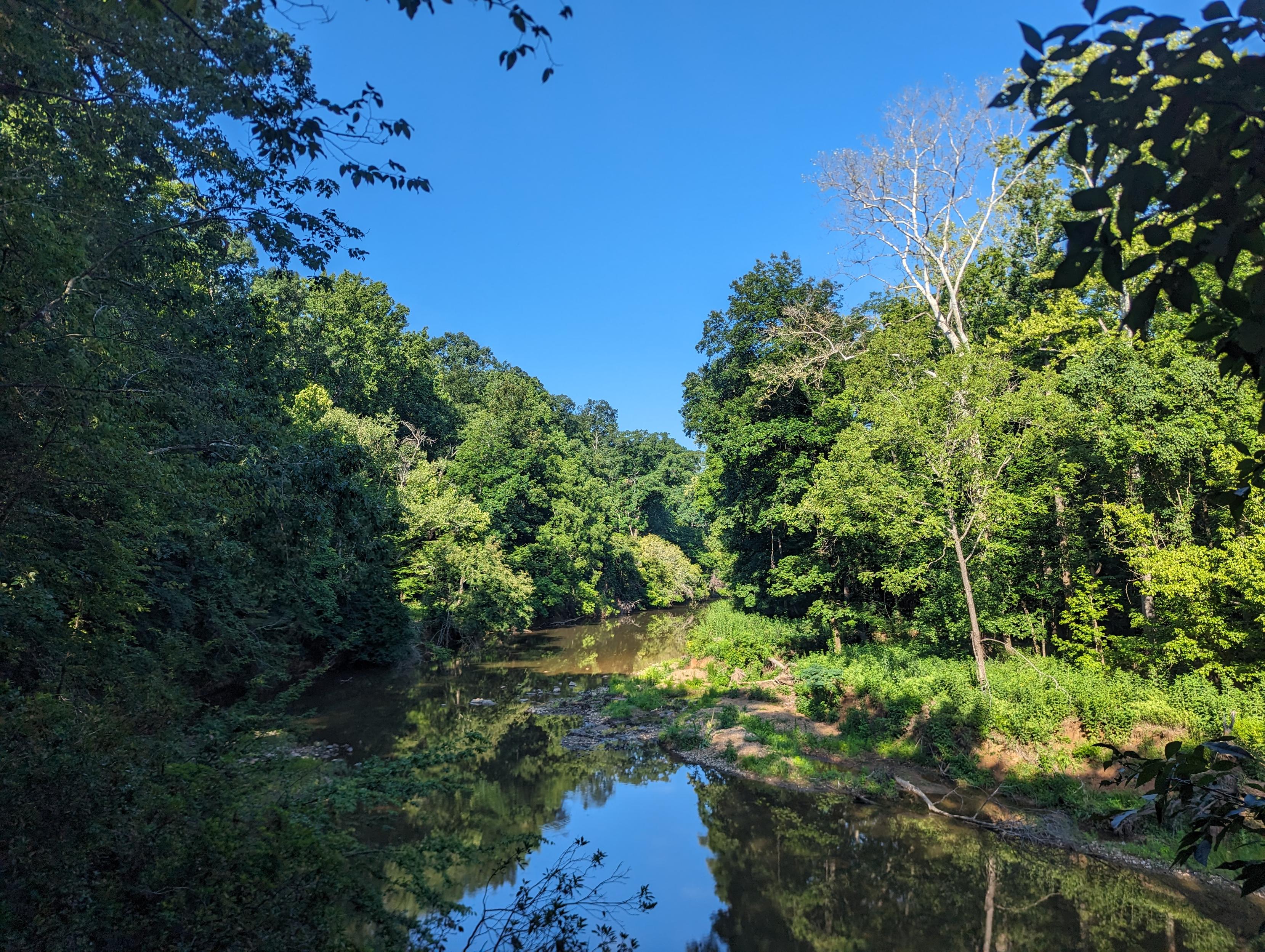 View of a tree-lined river from a slightly elevated vantage point (a rocky bluff overlooking the river). Blue sky framed by the trees over the river while a V-shaped reflection of blue in the water.
Eno River, Eno River State Park, NC