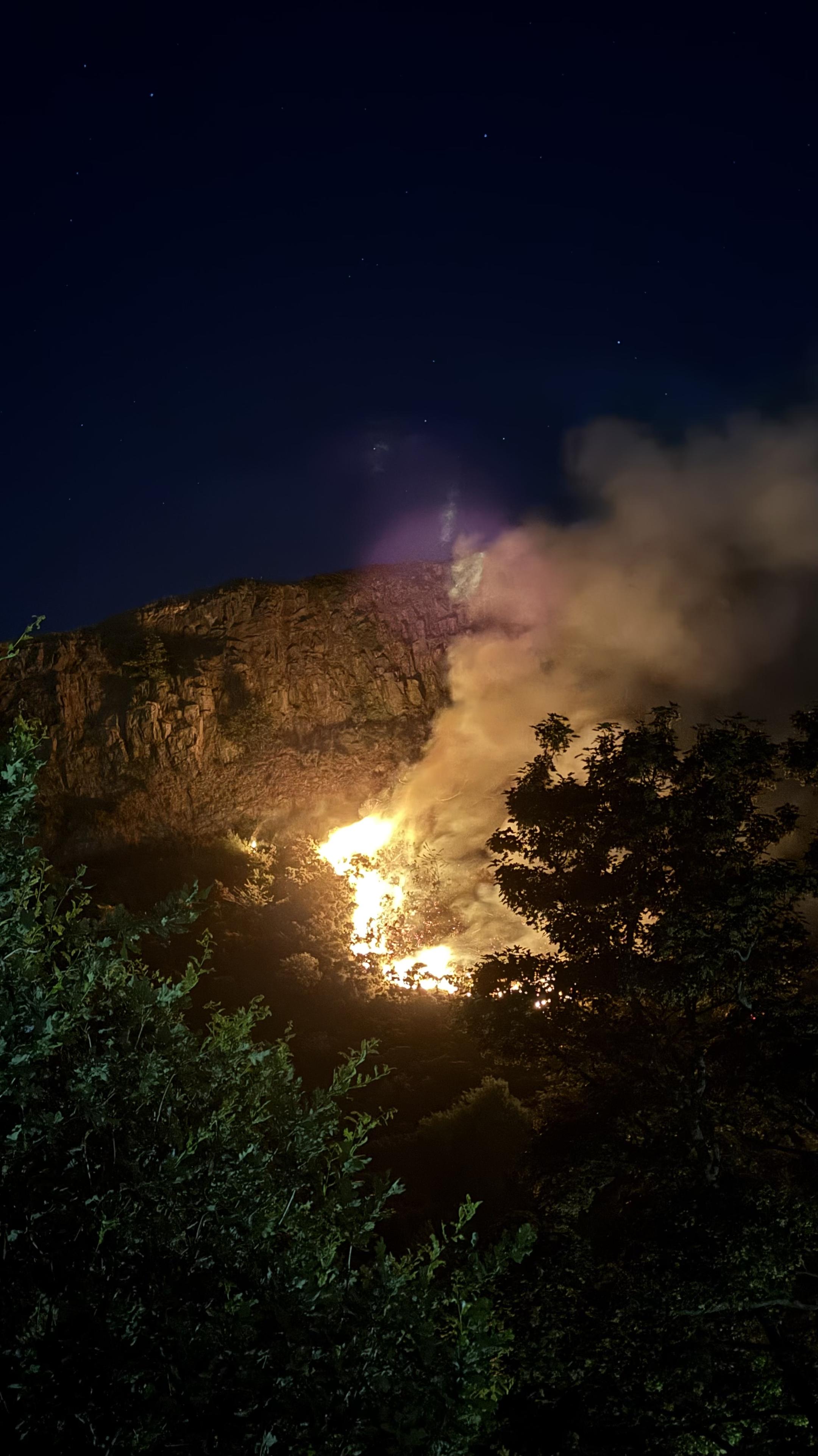 A portrait photo of a fire below Salisbury Crags, Edinburgh. The top third of the photo is a dark blue sky with a few stars, in front are towering cliffs lit by a a fire in the trees and bushes below, the flames are a bright yellow and a tower of smoke is to the right. A couple of trees are sillouetted in the foreground.