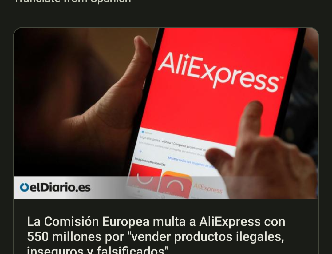 Screenshot of a post link to eldiario.es, with a headline in Spanish about aliexpres
s being fined by the EU commission. The "photo" with the headline shows a right hand ready to touch the screen of a phone apparently twice the size of an iPad while the left hand, holding the phone, is about 3x the size of the right hand.