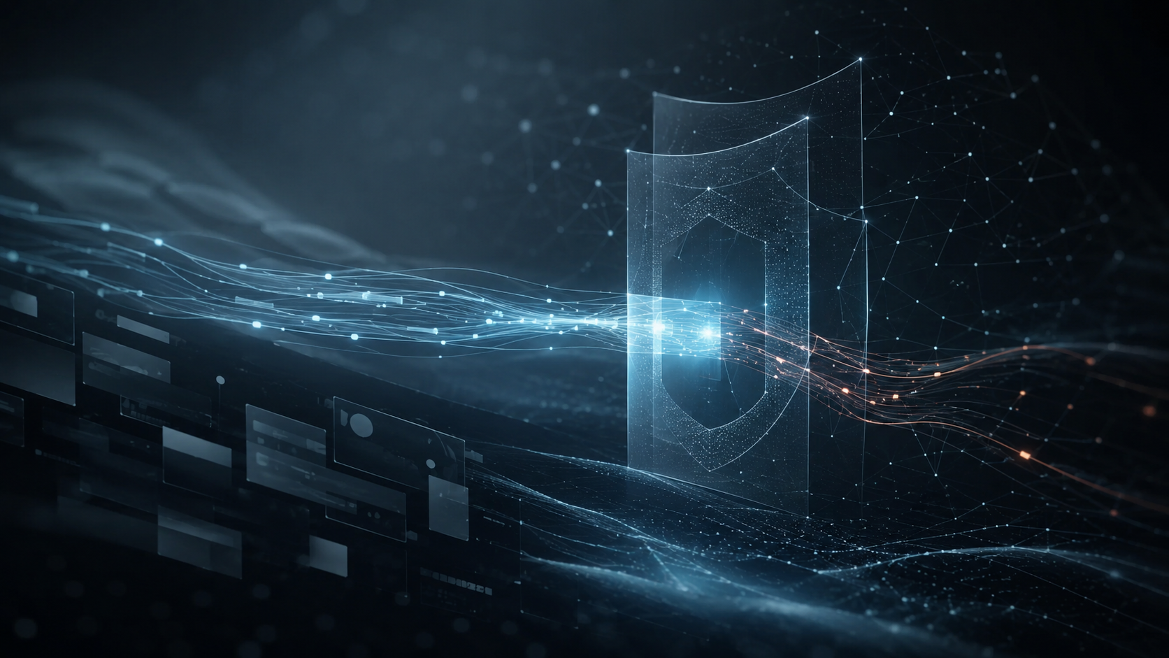 Abstract digital data streams pass through a transparent security barrier, with some traffic subtly redirected, symbolizing trust becoming an attack surface.