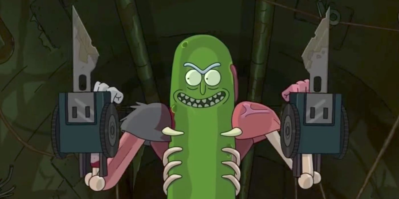 "pickle rick" (Rick and Morty) with cannibalized rat arms and exacto knive blades