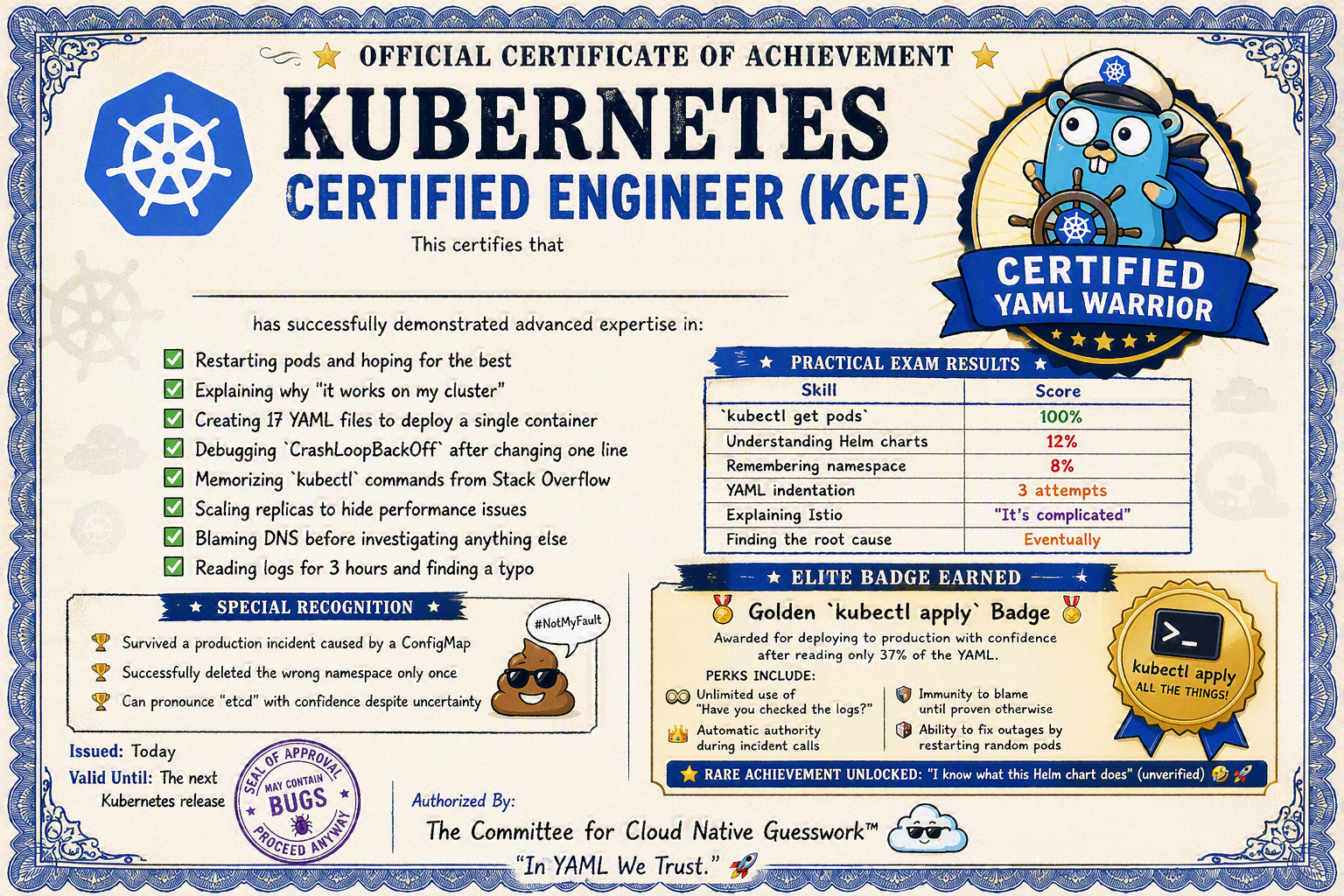 Fake certificate titled "Kubernetes Certified Engineer"

features:
- Restarting pods and hoping for the best
- Explaining why "it works on my cluster"
- Creating 17 yaml files to deploy a single container
- Debugging Crashloopbackoff after changing a single line
- Memorizing kubectl commands from Stack Overflow
- Scaling replicas to hide performance issues
- Blaming DNS before investigating anything else
- Reading logs for three hours and finding a tyop