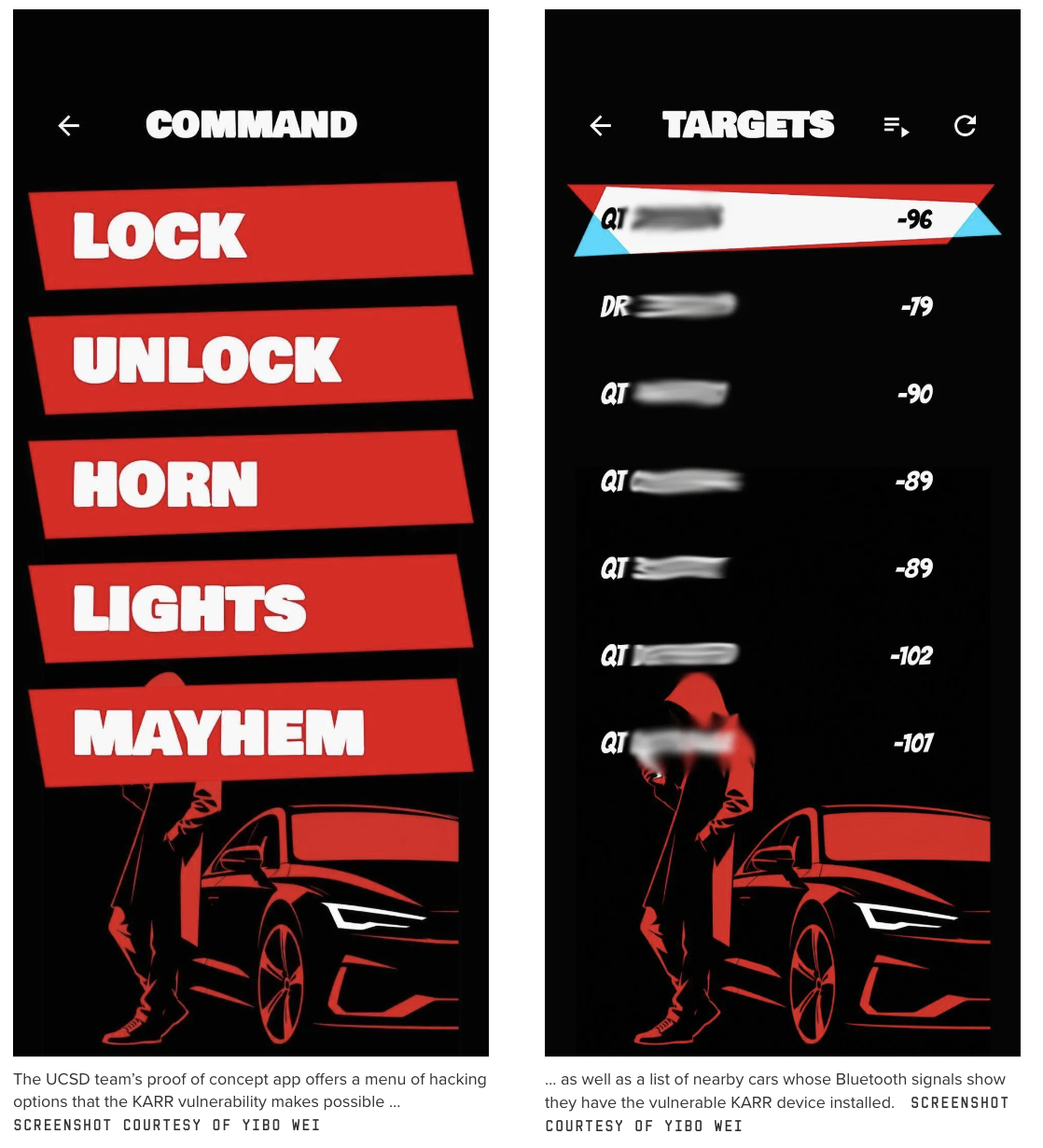 The UCSD team’s proof of concept app offers a menu of hacking options that the KARR vulnerability makes possible as well as a list of nearby cars whose Bluetooth signals show they have the vulnerable KARR device installed.